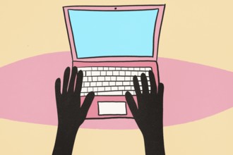 A vibrant illustration of black silhouette hands typing on a laptop, set against a split pink and