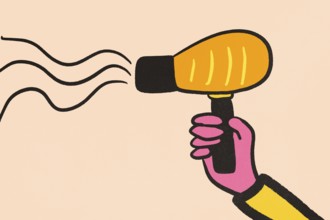 A stylized illustration depicting a hand grabbing a vivid yellow hair dryer, set against a gentle