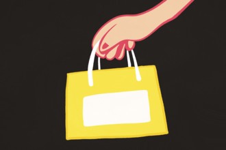 A stylized illustration of a hand gripping the handles of a yellow shopping bag, featuring a blank