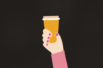 A detailed illustration of a hand gripping a disposable coffee cup, set against a stark black