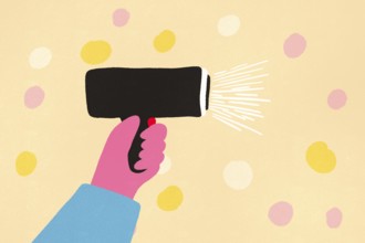 A vibrant, abstract illustration depicting a hand holding a portable, wireless hairdryer against a