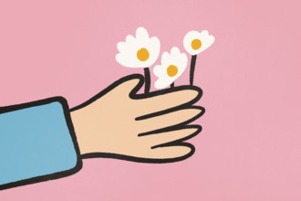 An illustration showing a human hand gently holding three white daisies against a plain pink