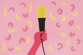 A stylized illustration featuring a hand grasping a microphone against a playful pink background