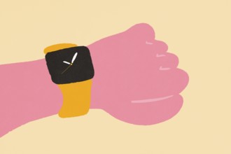 A minimalist illustration of a cartoon-style hand wearing a black watch against a dual-tone pink