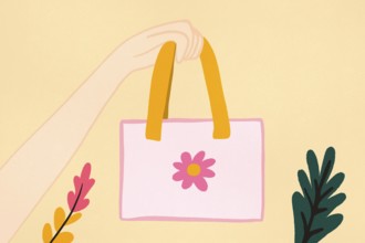 A soft pastel illustration showcasing a hand clutching the handles of a pink tote bag adorned with