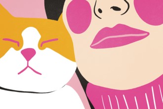 A minimalist illustration featuring a woman adorned with pink lips, wearing a pink sweater, against