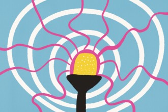 A vibrant abstract illustration featuring curving lines and a central glowing yellow element on a