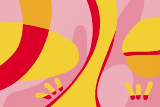 A striking abstract illustration featuring flowing lines and bold shapes in shades of pink, yellow,