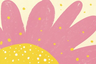 Bold abstract art resembling a flower featuring large pink shapes dotted with yellow highlights on