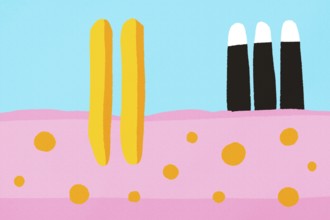 A colorful, abstract, minimalist illustration featuring bold shapes and pastel colors. The artwork