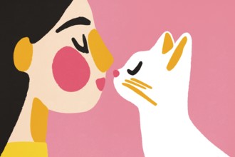 A heartwarming illustration featuring a woman and a white cat, nose to nose in an affectionate