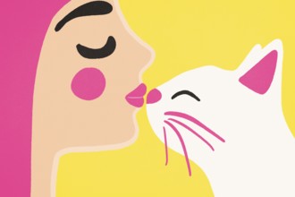 A vibrant illustration showing a woman with pink cheeks and hair kissing a white cat, set against a