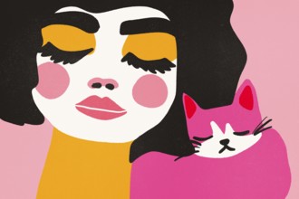 A colorful illustration depicting a stylish woman embracing a pink cat, showcasing a representation