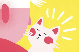 A whimsical illustration features a smiling white cat with pink cheeks under a bright yellow