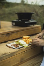 Cropped, unrecognizable person slices fresh oranges and apples, arranging them with cinnamon sticks