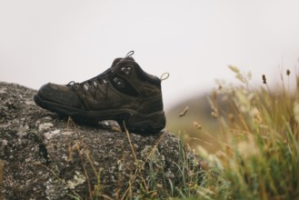 A rugged brown hiking boot rests on a large rock in a grassy landscape. The boot's intricate laces