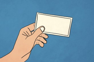 Illustration of a hand holding a blank ticket against a blue background. Perfect for themes related