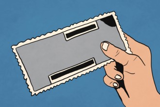 Illustration of a hand holding a ticket against a blue background. The design features bold