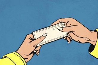 Illustration of two hands exchanging a ticket against a blue background. The artwork captures the