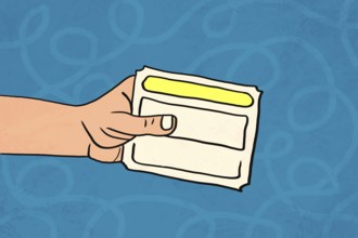 An illustration depicting a hand holding a ticket against a blue background. The simplistic style