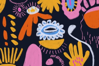 Vibrant abstract art featuring hand-drawn elements such as eyes, hands, and organic shapes in vivid