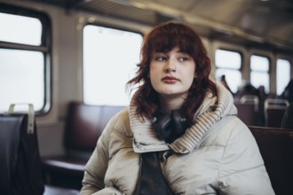 A thoughtful passenger with headphones sits on a train, gazing out of the window. The cozy winter