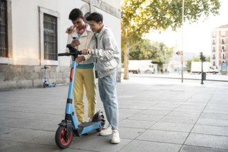 A gay couple shares a moment on a scooter in an urban setting, capturing joy and connection. They