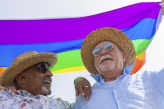 From below joyful gay senior couple, comprising two men, is captured outdoors, sharing a happy