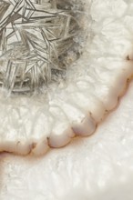 Close-up macro shot of a Brazilian agate slice showcasing intricate crystal structures, translucent