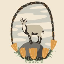 This illustration presents a neoprimitive design with a desert vibe, showcasing a stylized goat