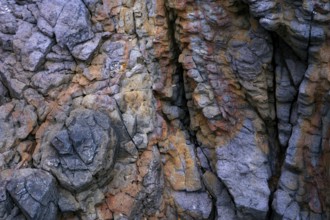 Detailed view of the textured rock formations at Mujeres Beach in Lanzarote, showcasing a variety