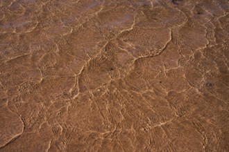 Close-up of the intricate patterns created by sunlight on the rippling shallow waters at La Pared,