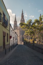 A picturesque view of a cobblestone street in Arucas, leading directly towards the towering spires