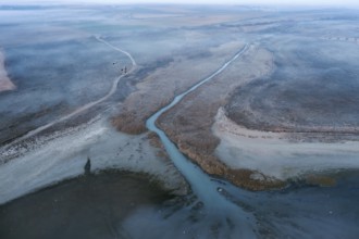 Aerial view of a lagoon in Toledo, Spain, with visible common cranes in their natural habitat. The