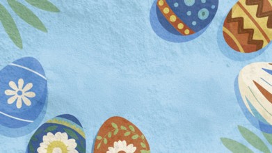 Brightly decorated eggs rest among floral designs, celebrating the arrival of spring. The cheerful
