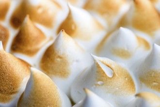 Detailed close up of perfectly toasted meringue peaks, showcasing their golden brown color and soft