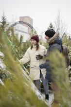 A couple enjoys a winter walk, surrounded by snow-covered fir trees Dressed in cozy winter attire,