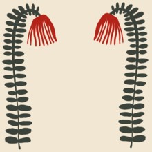 Artistic depiction of two stylized flowers with red petals and green stems against a light