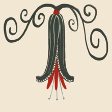 This image features a creative floral illustration with elegant green tendrils and intricate red