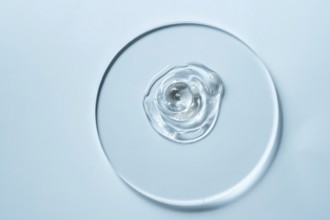 A clear gel with small golden specks on a round glass plate against a light blue background The