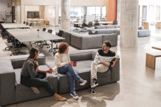 Three coworkers engage in a friendly and productive discussion in a modern office lounge,