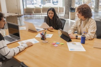 A diverse group of coworkers engaged in a collaborative meeting around a large wooden table in a