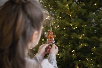 Back view of crop unrecognizable young girl, carefully hangs a gingerbread man ornament on a