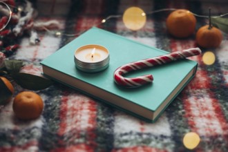 Cozy Christmas setting featuring a lit candle on a teal book, candy cane, and oranges surrounded by