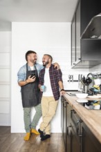 A gay couple standing close in a modern kitchen, sharing a happy moment. One wears an apron and