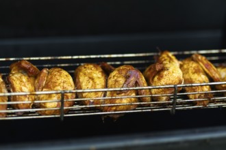 Juicy grilled chickens cooking on a metal rack, highlighting the vibrant street food scene at an