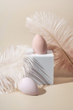Pastel-toned cosmetic sponges elegantly arranged with soft feathers The minimalist composition