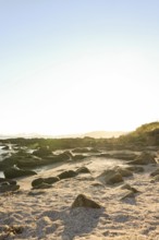 A tranquil coastal scene at sunrise, displaying golden sunlight illuminating a rocky beach The calm