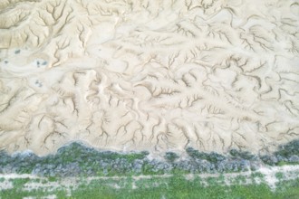 Aerial view of a uniquely textured, arid landscape showcasing patterns of erosion A strip of green