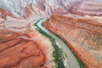 A stunning aerial photograph displaying the Rio San Juan as it meanders through the vibrant, rugged
